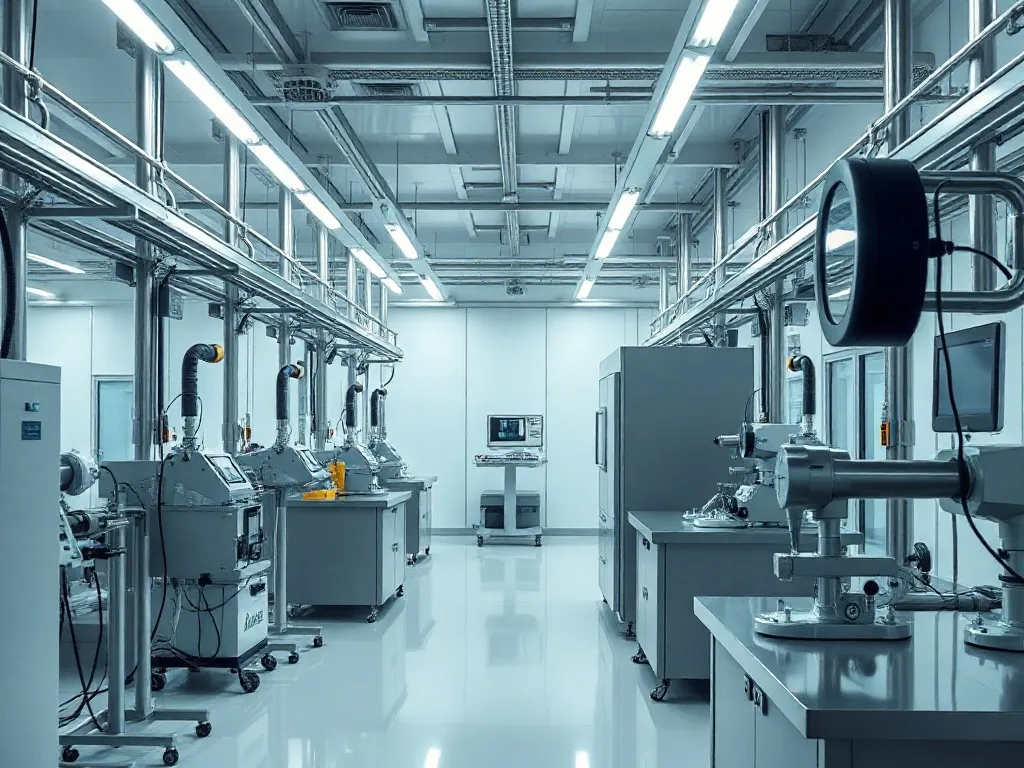 A high-tech industrial laboratory setting with clean lines,