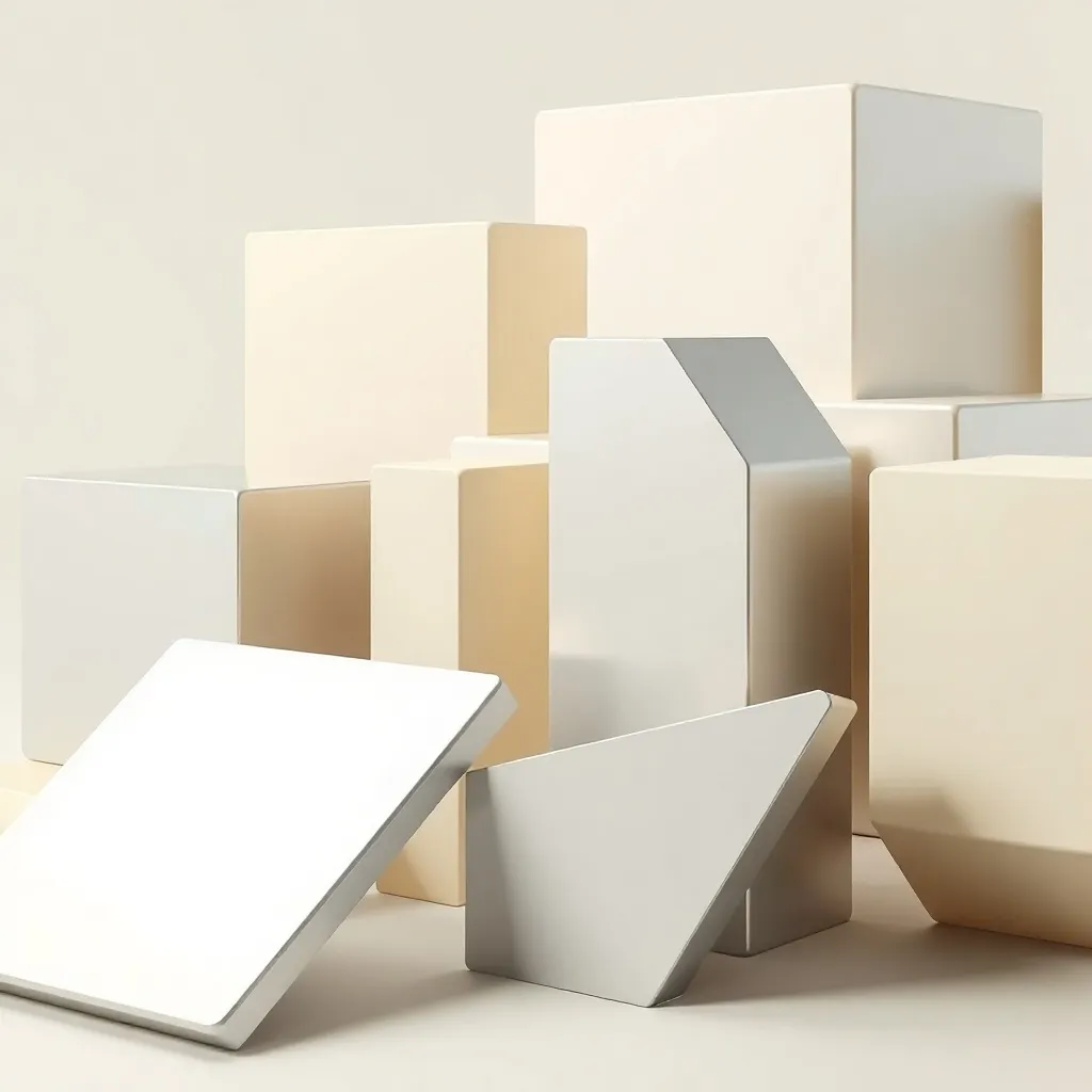 Abstract geometric shapes in silver and cream, representing